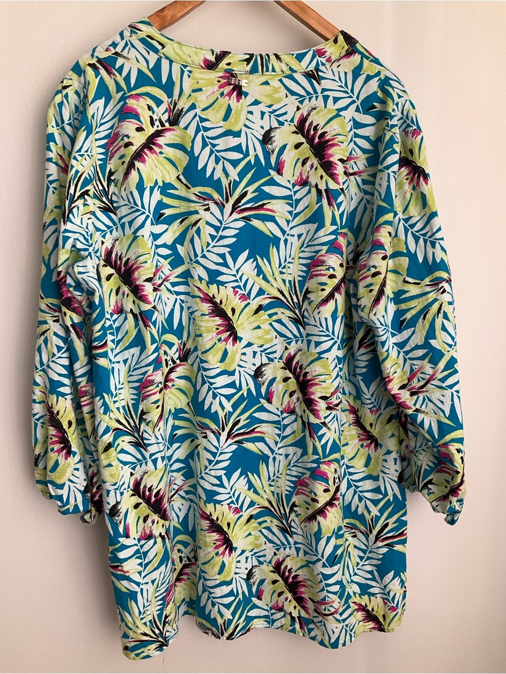 Anne Klein XL teal blue and white tropical patterned blouse Linen Blend - Picture 6 of 10